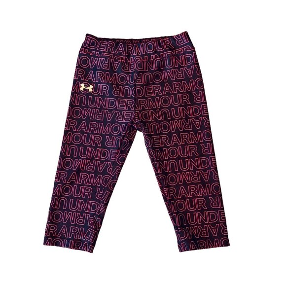 Under Armour Crop Leggings Girls 4T 4 Bold Black Neon Pink Logo Print Legging - Picture 1 of 4